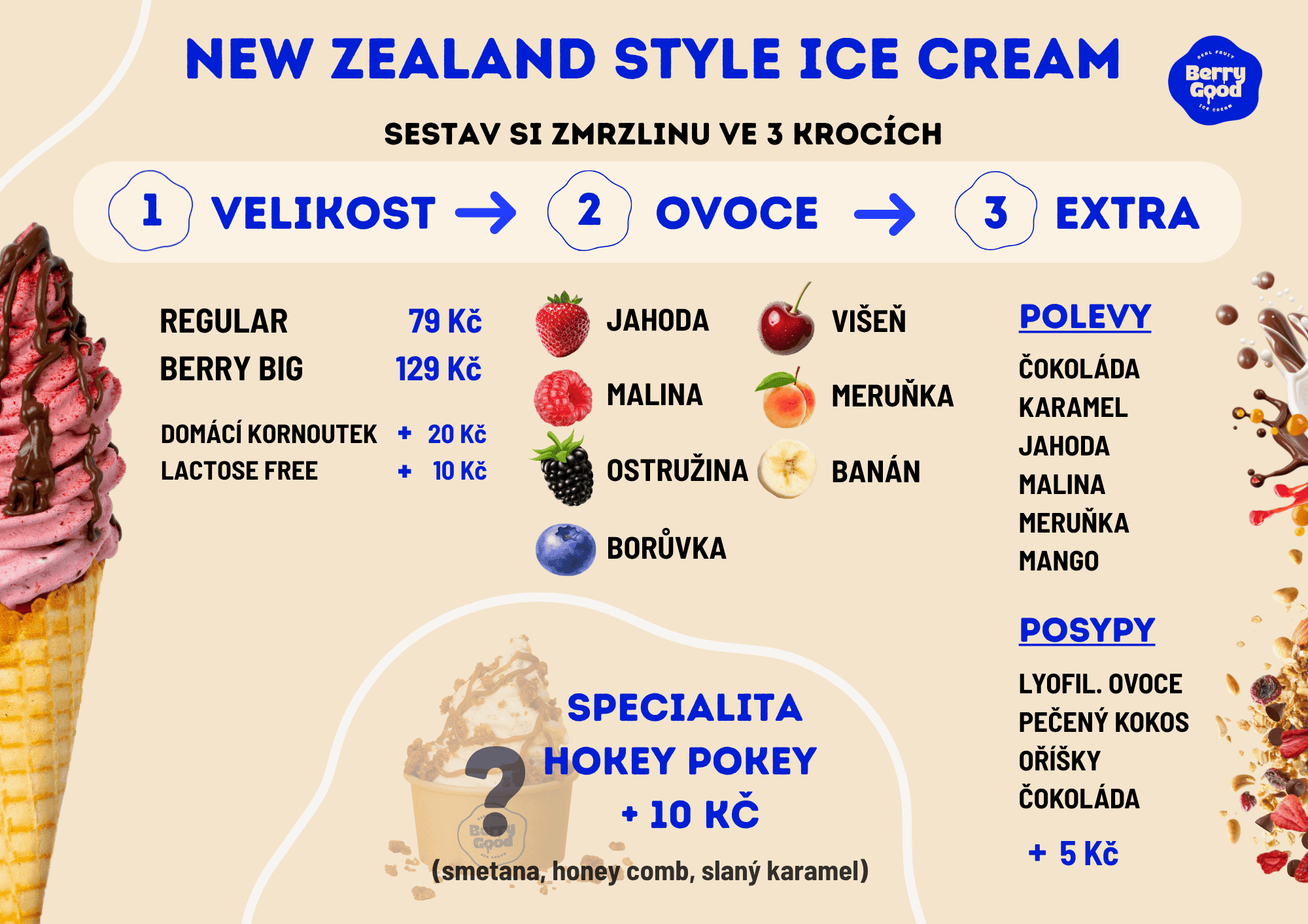Menu Berry Good s velikostmi, ovocem, polevami a posypy